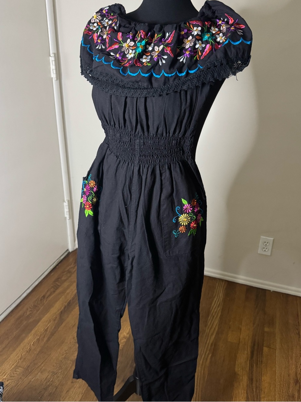 Mexican Black Embroidered Off-Shoulder Jumpsuit